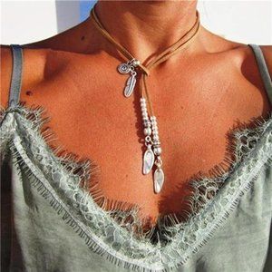 GelConnie Boho Leather Necklace For Women – Adjustable Western Choker With Teardrop Leaf Pendant, Layered Style - View #9